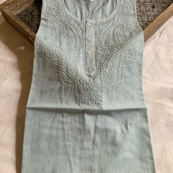 Tunic Woman’s Long Sleeve Hand Embroidered 100% Cotton Paisley Design Green blue - Picture 3 of 7